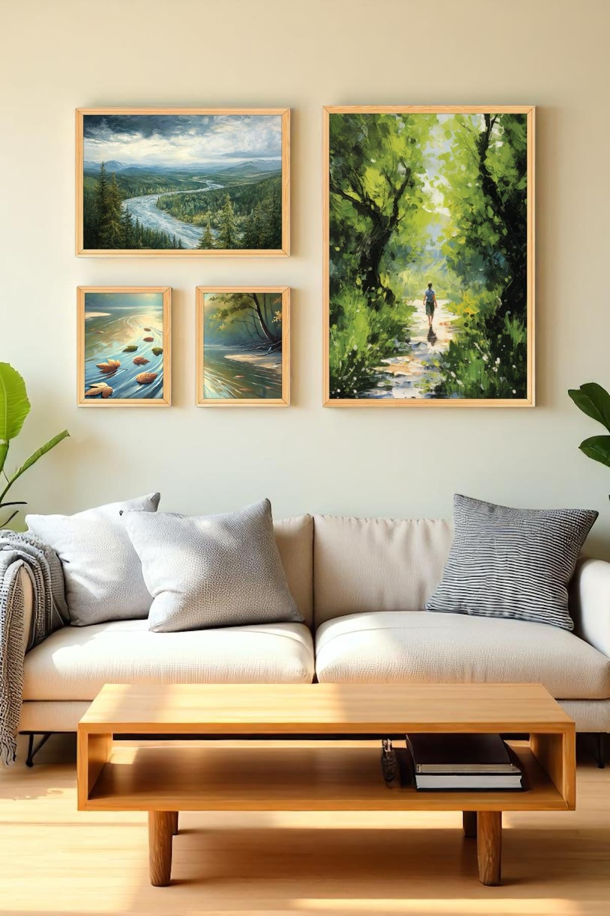 Doğa Temalı Ahşap Çerçeveli 4'lü Tablo Seti – Dijital Baskı, PVC Koruma, 50x70cm En Büyük Boy-Yürüyen Çocuk