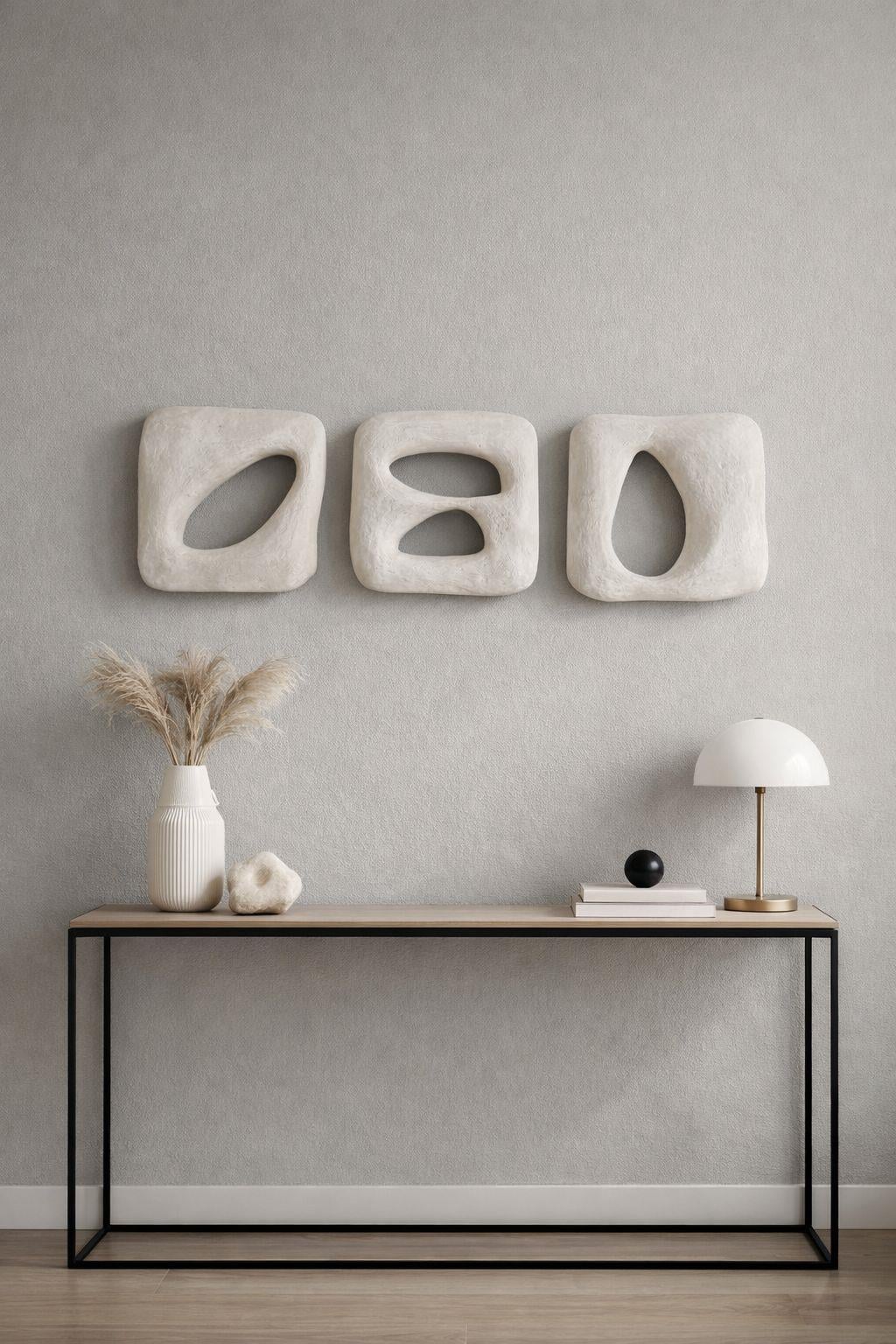 Duvar Dekoru Beton Görünümlü ,Wabi Sabi–El Yapımı Modern Dekoratif Duvar Objesi, 3'lü Set-Truzo Krem