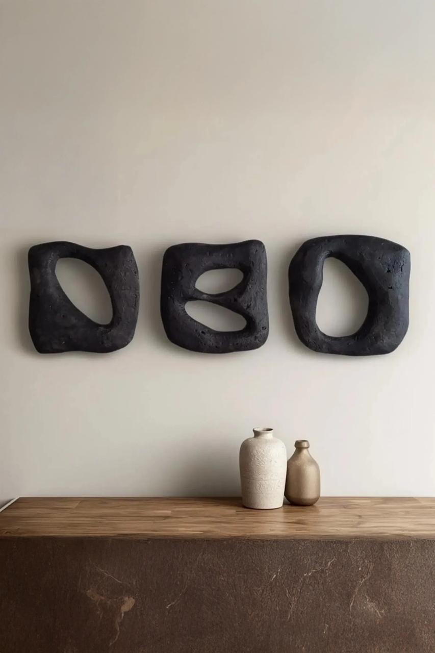 Modern Soyut Duvar Dekoru –  Wabi Sabi Minimal Tasarım, Siyah Dekoratif Duvar Objesi, 3'lü Set-Truzzo Antrasit