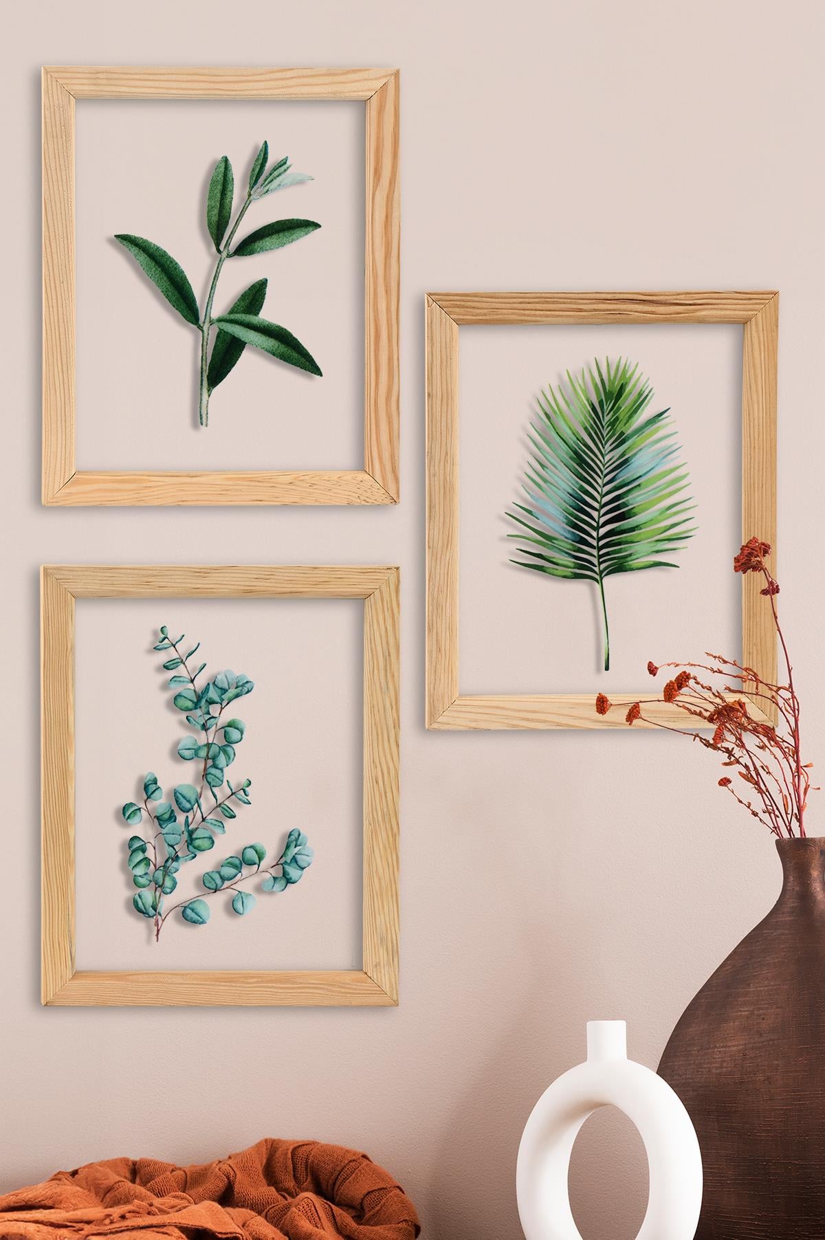 Muyika Regina Ocaliptus 3 Parça Ahşap Çerçeveli Cam Üstü Baskı Tablo Seti 28x66cm 