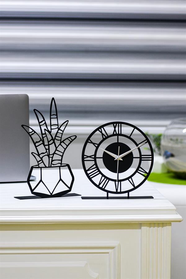 MUYİKA Roma Rakamlı Metal Masa Saati ve Minik Vazolu Çiçek Dekoratif Obje