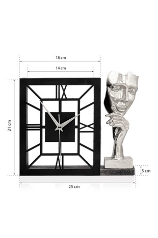 Muyika Kar  Gümüş Sessiz Mekanizmalı Polyester Biblo  Metal Masa Saati 25 x 21 cm LECTURE MMS-POB