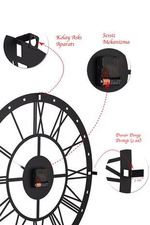 MUYİKA Romano Metal Siyah Sessiz Mekanizma Duvar Saati 50x50cm MDS-50