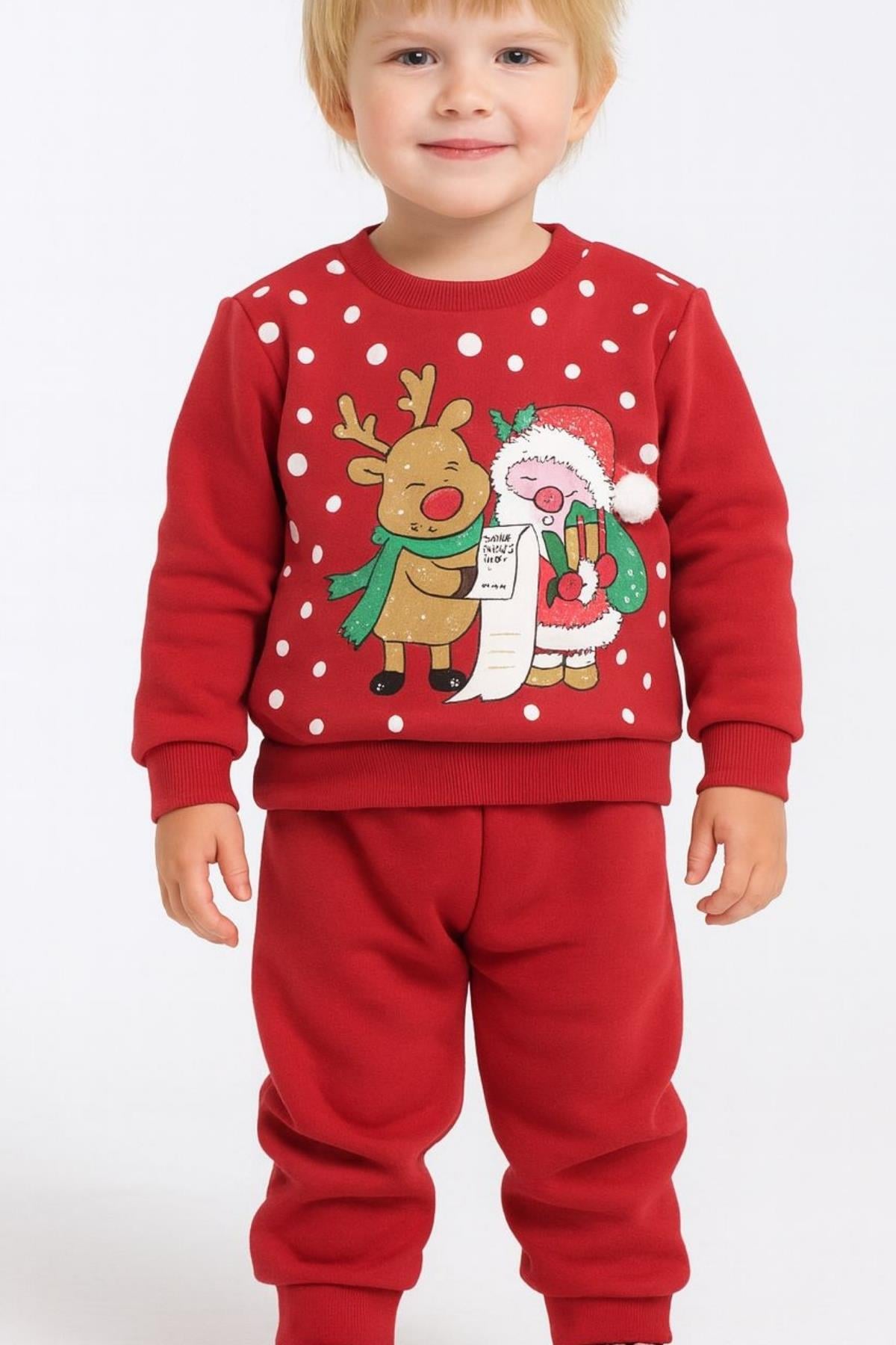 Bebek Sweat Pijama Takım Geyikli Noel Baba Yılbaşı Desenli 1-4 Yaş