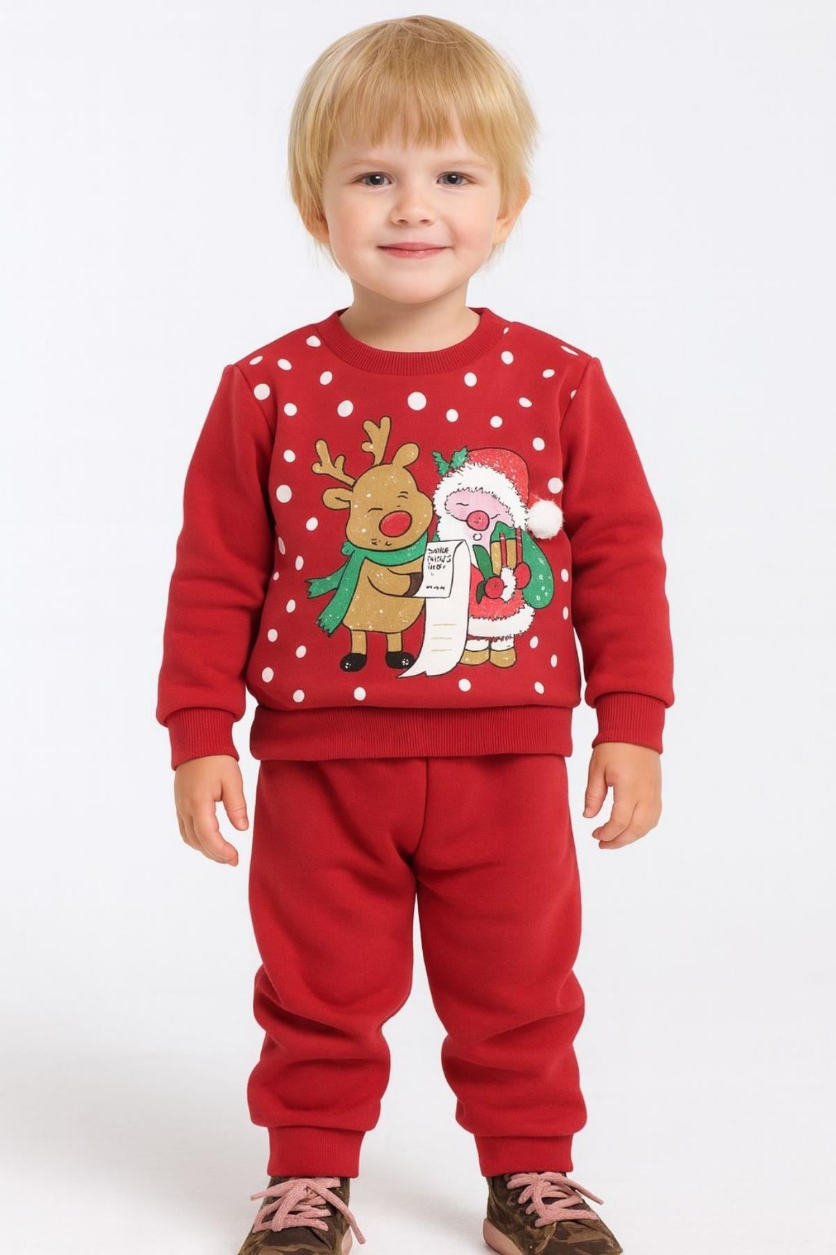 Bebek Sweat Pijama Takım Geyikli Noel Baba Yılbaşı Desenli 1-4 Yaş