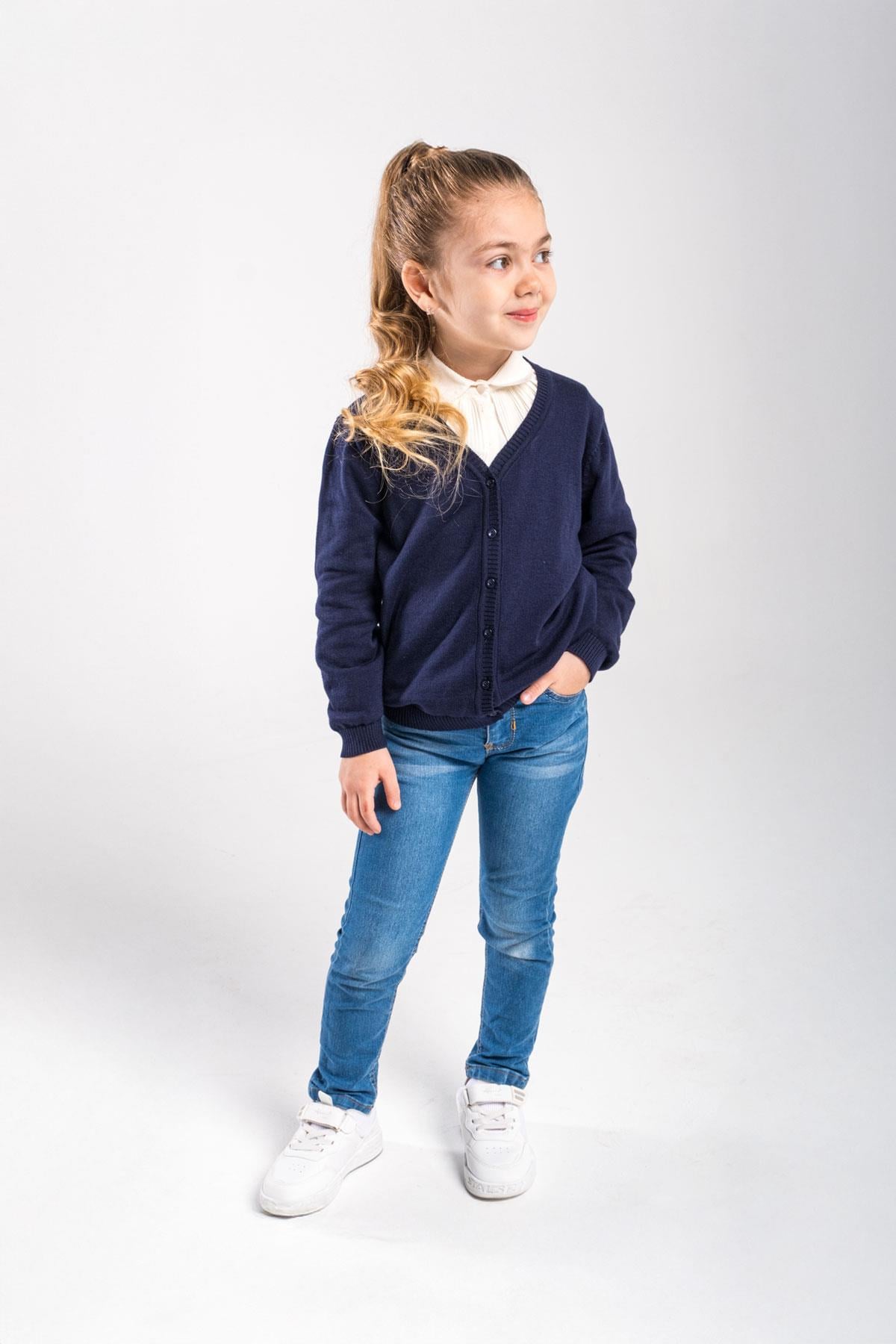 Çocuk Lacivert Hırka 5-8 Yaş V Yaka Basic