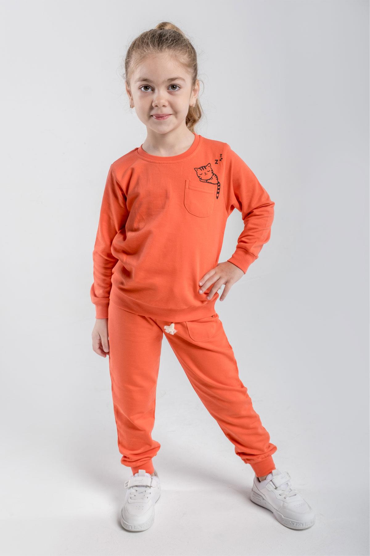 Çocuk Sweat Eşofman Takım Kedi Baskılı Turuncu 1-6 Yaş