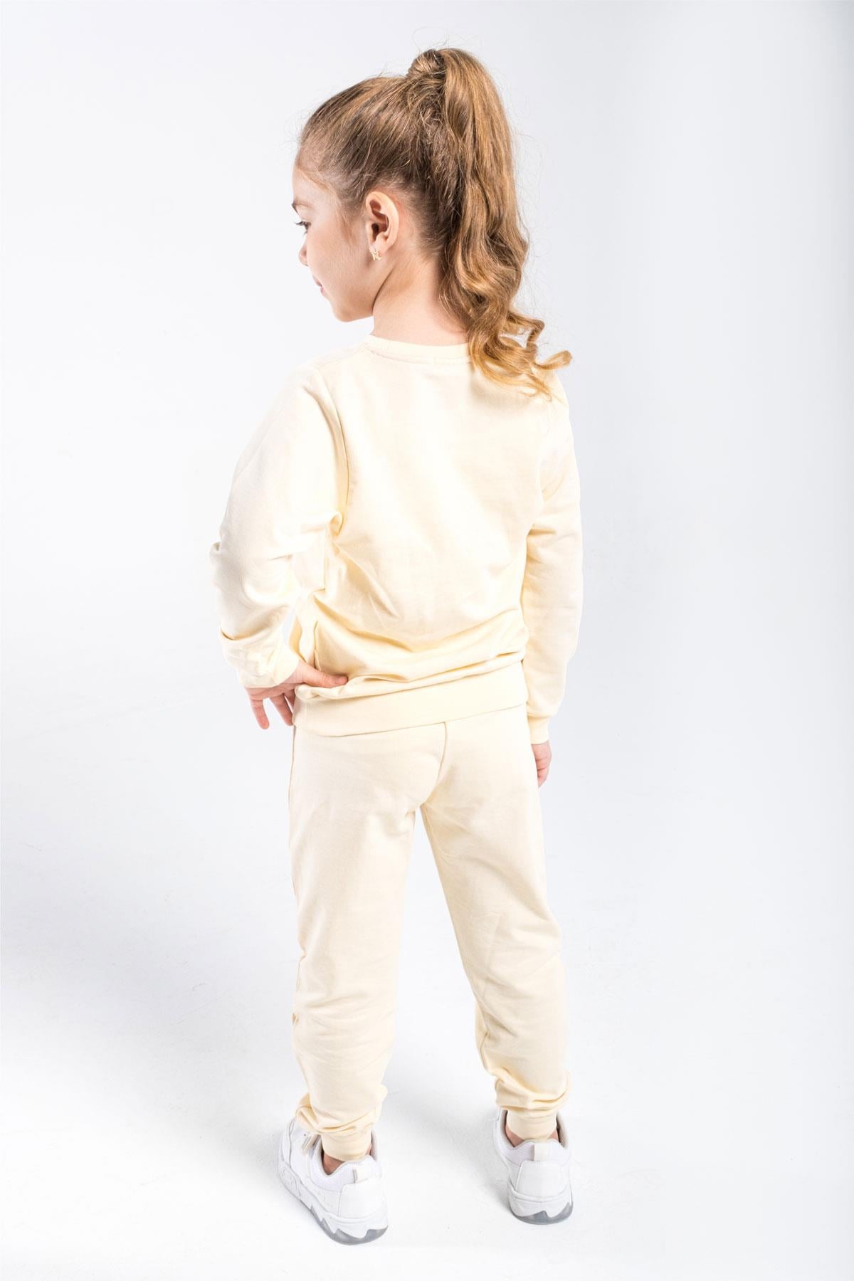 Çocuk Sweat Eşofman Takım Kedi Baskılı Bej 1-6 Yaş