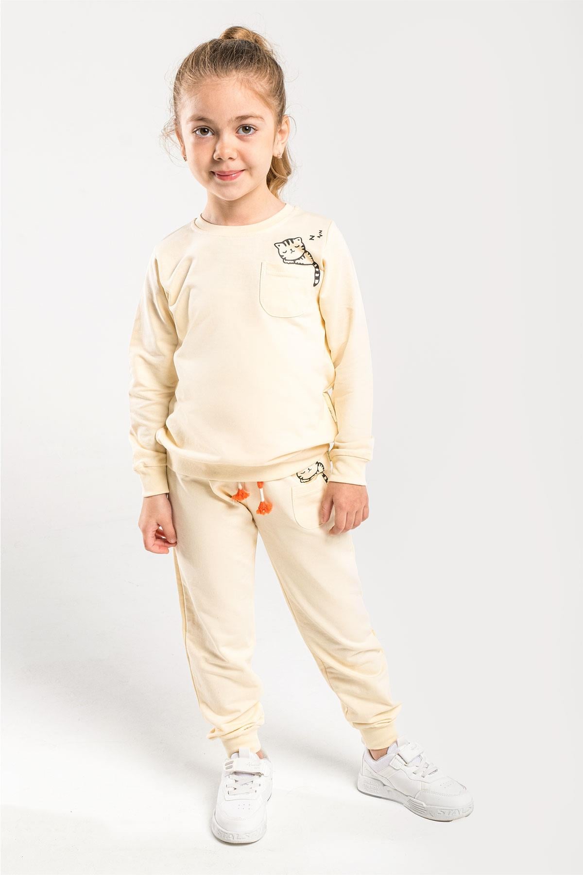 Çocuk Sweat Eşofman Takım Kedi Baskılı Bej 1-6 Yaş