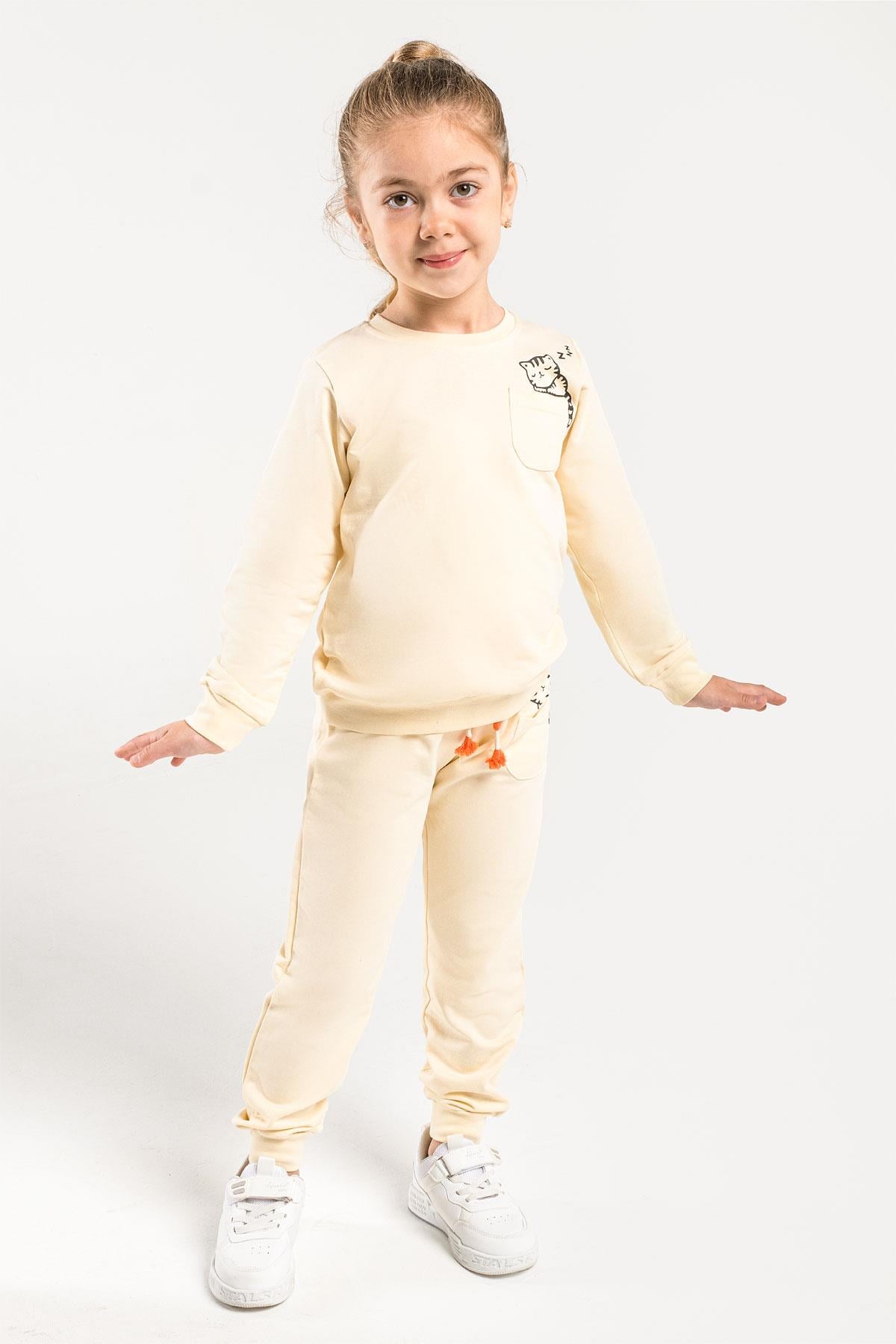 Çocuk Sweat Eşofman Takım Kedi Baskılı Bej 1-6 Yaş