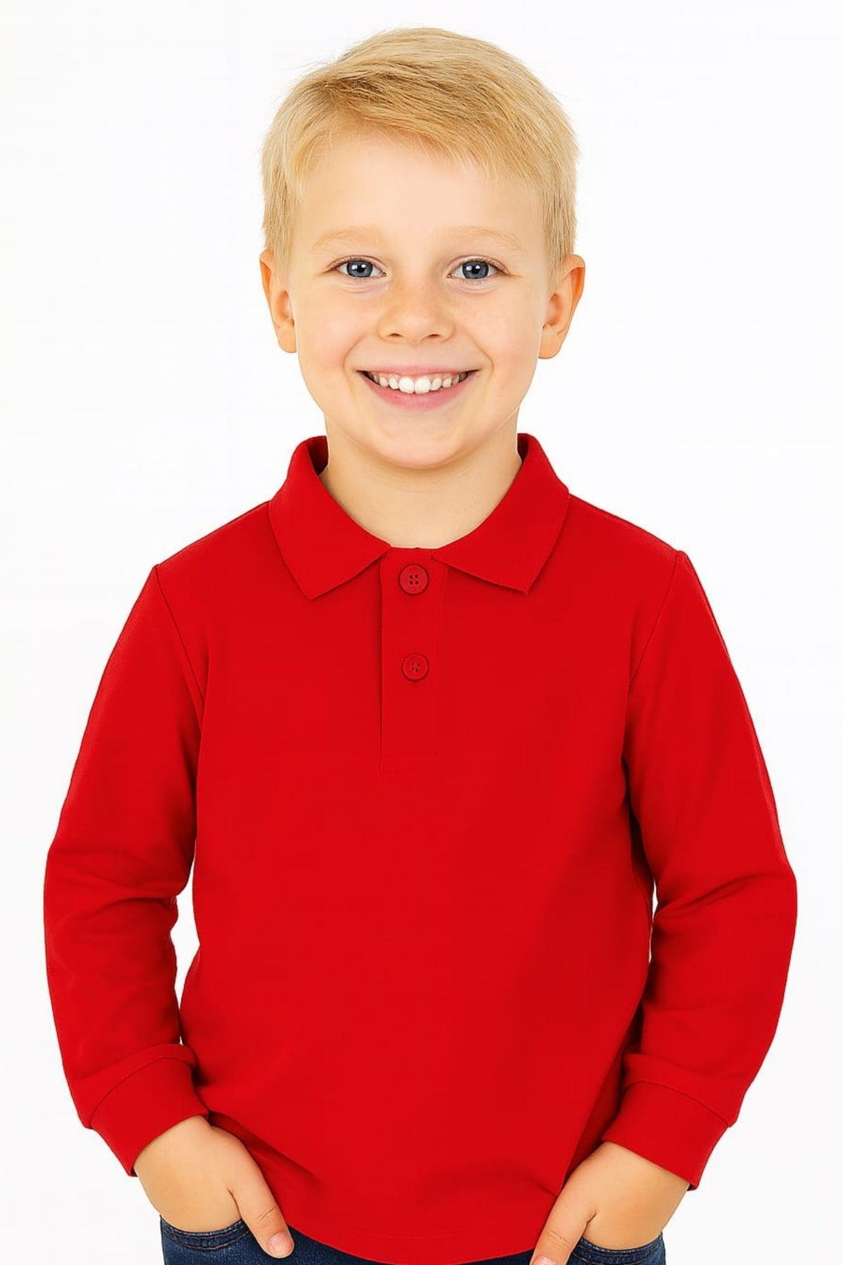 Çocuk Unisex Uzun Kollu Polo Yaka Tshirt Kırmızı Okul 10-13 Yaş