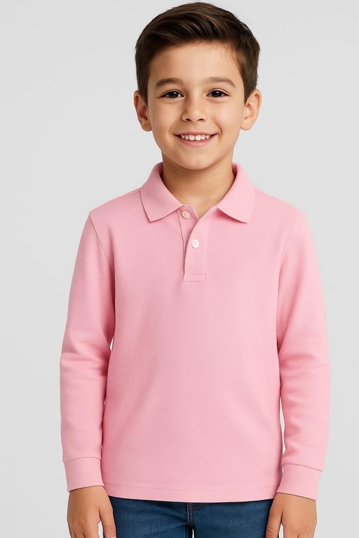 Çocuk Unisex Uzun Kollu Polo Yaka Tshirt Pembe Okul 6-9 Yaş