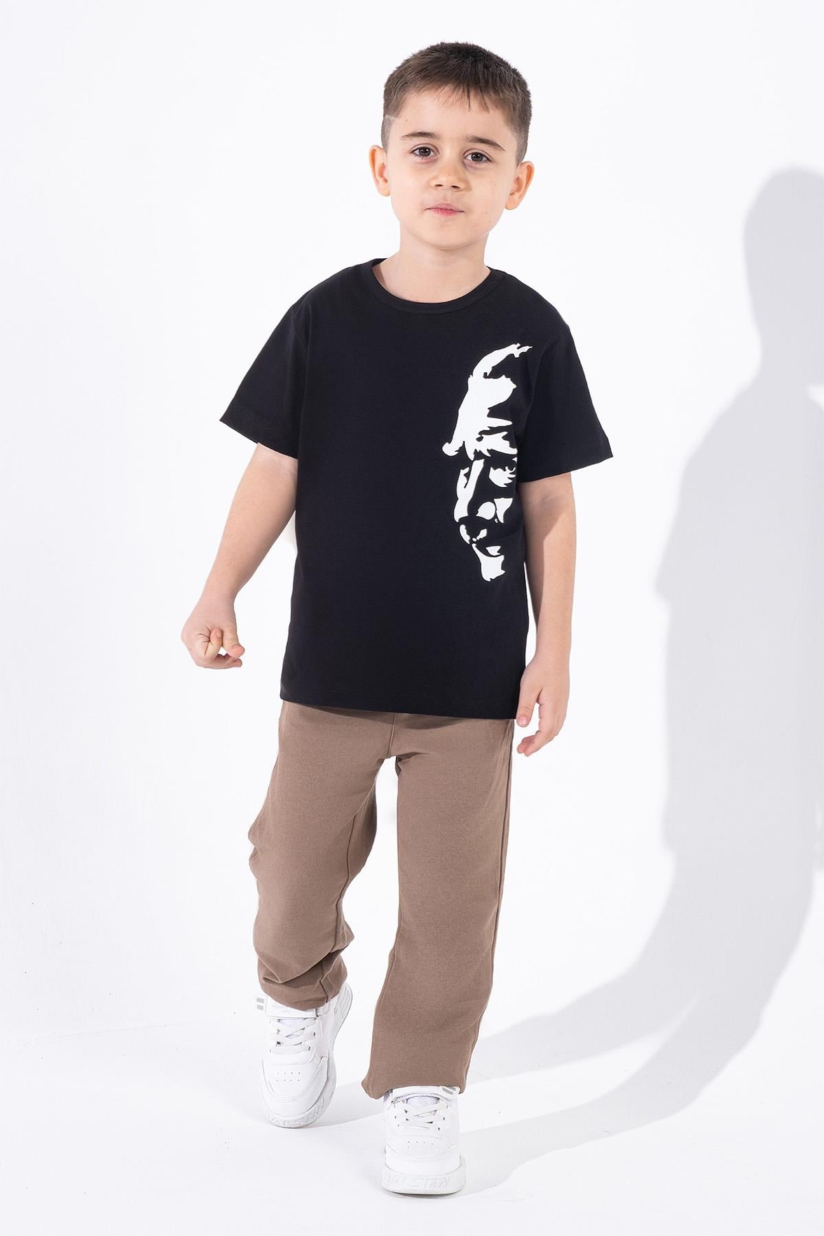 Erkek Çocuk Atatürk Siluet Baskılı Siyah Tshirt