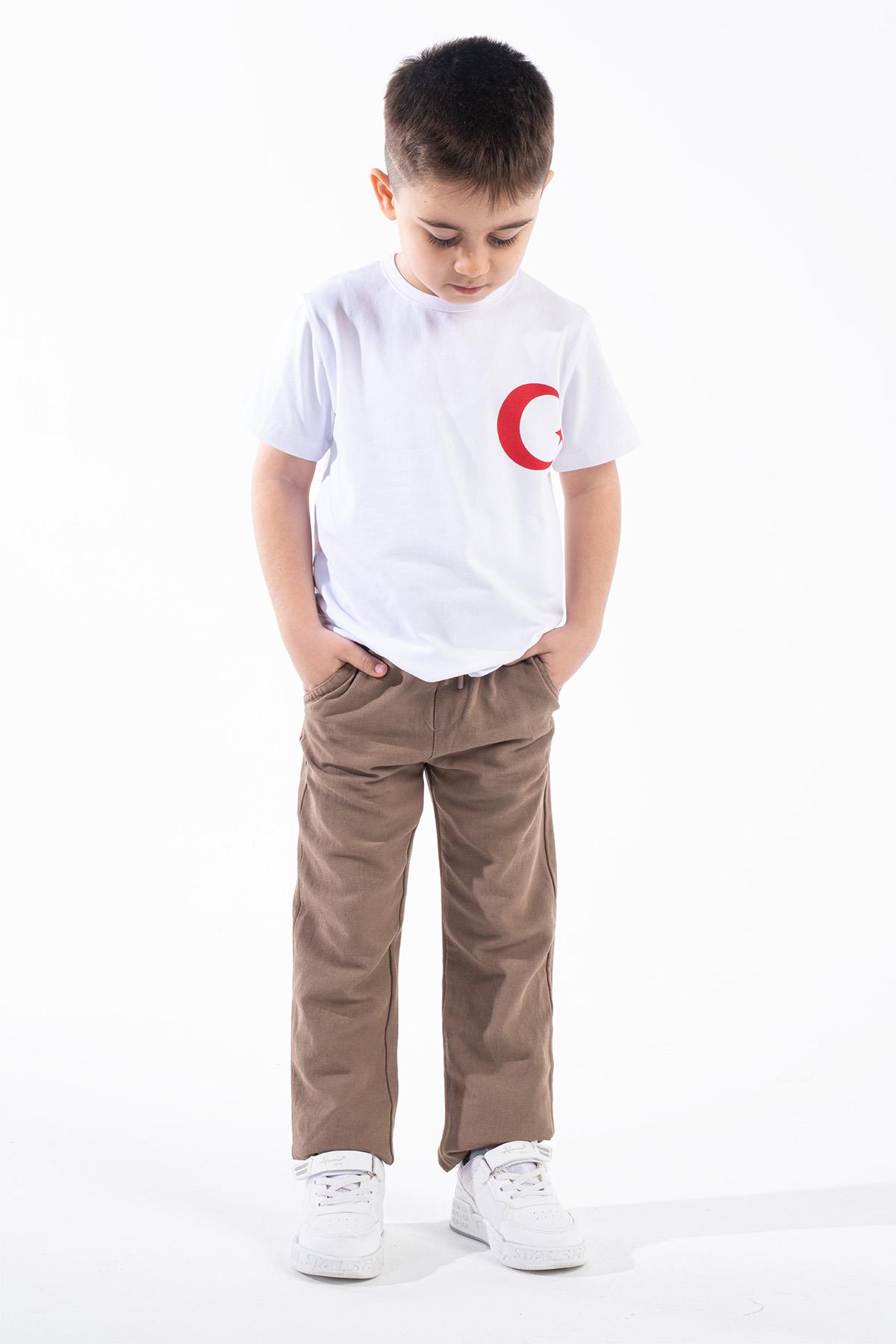 Erkek Çocuk Türk Bayrak Göğüs Arma Baskılı Beyaz Tshirt