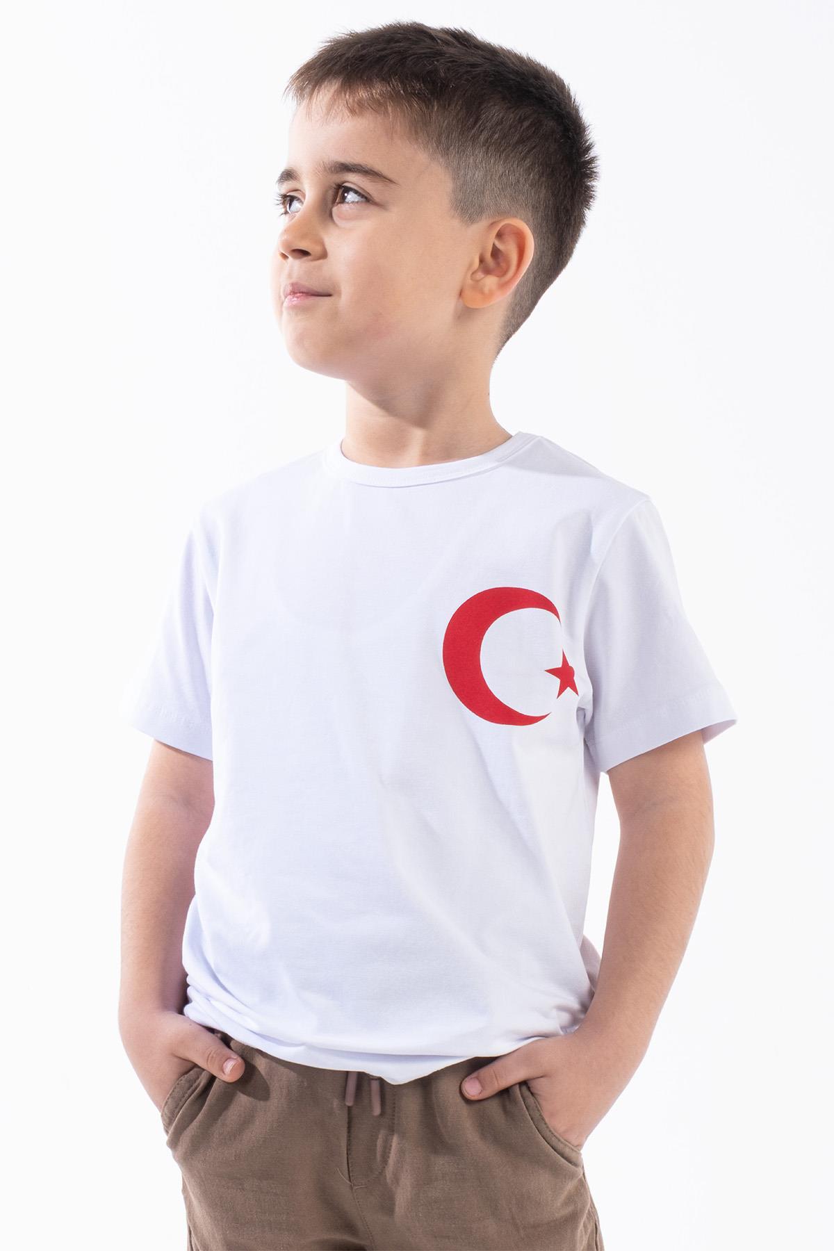 Erkek Çocuk Türk Bayrak Göğüs Arma Baskılı Beyaz Tshirt