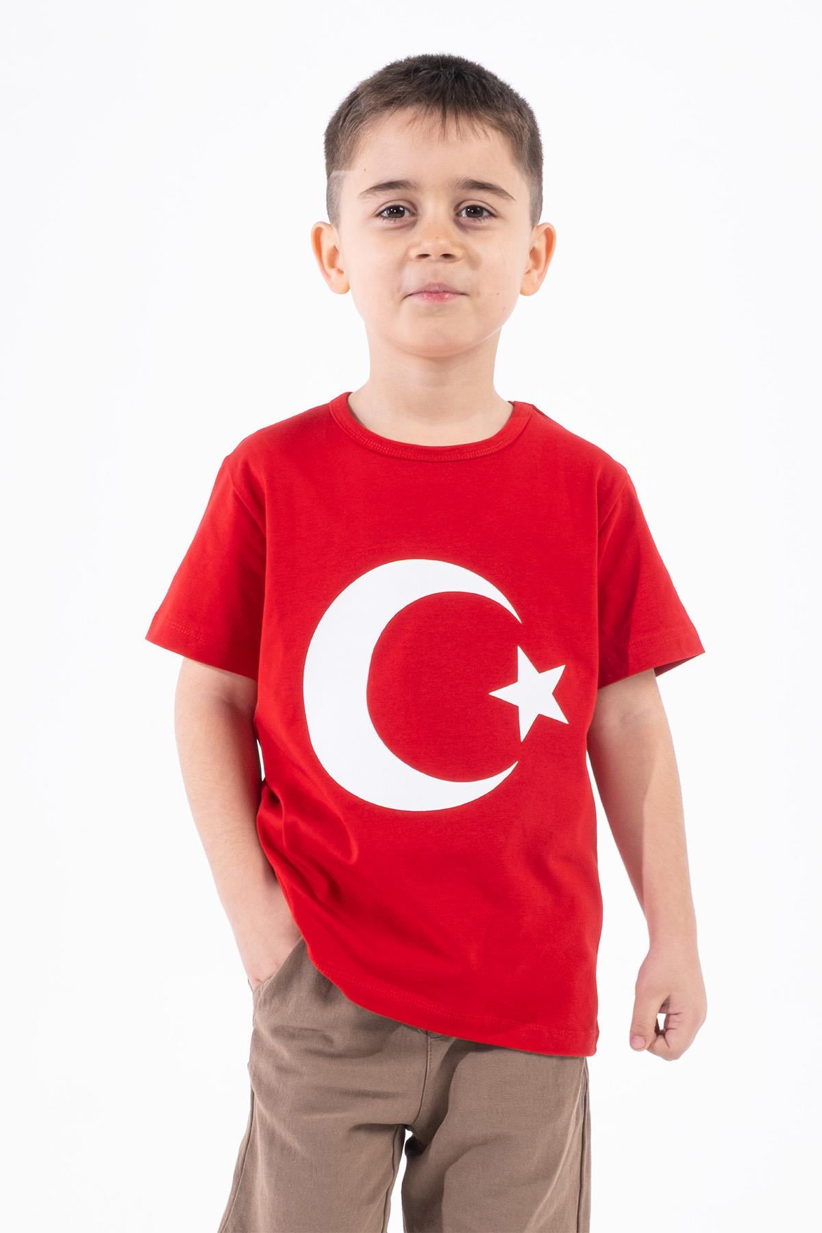 Erkek Çocuk Türk Bayraklı Kırmızı Tshirt Penye