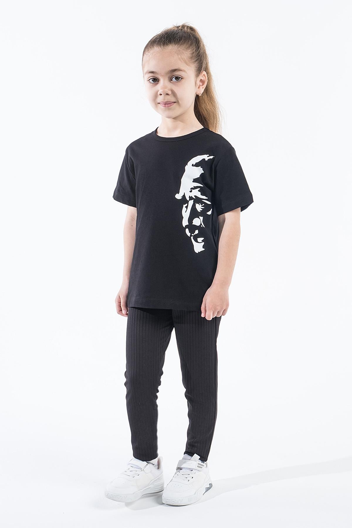Kız Çocuk Atatürk Siluet Baskılı Siyah Tshirt