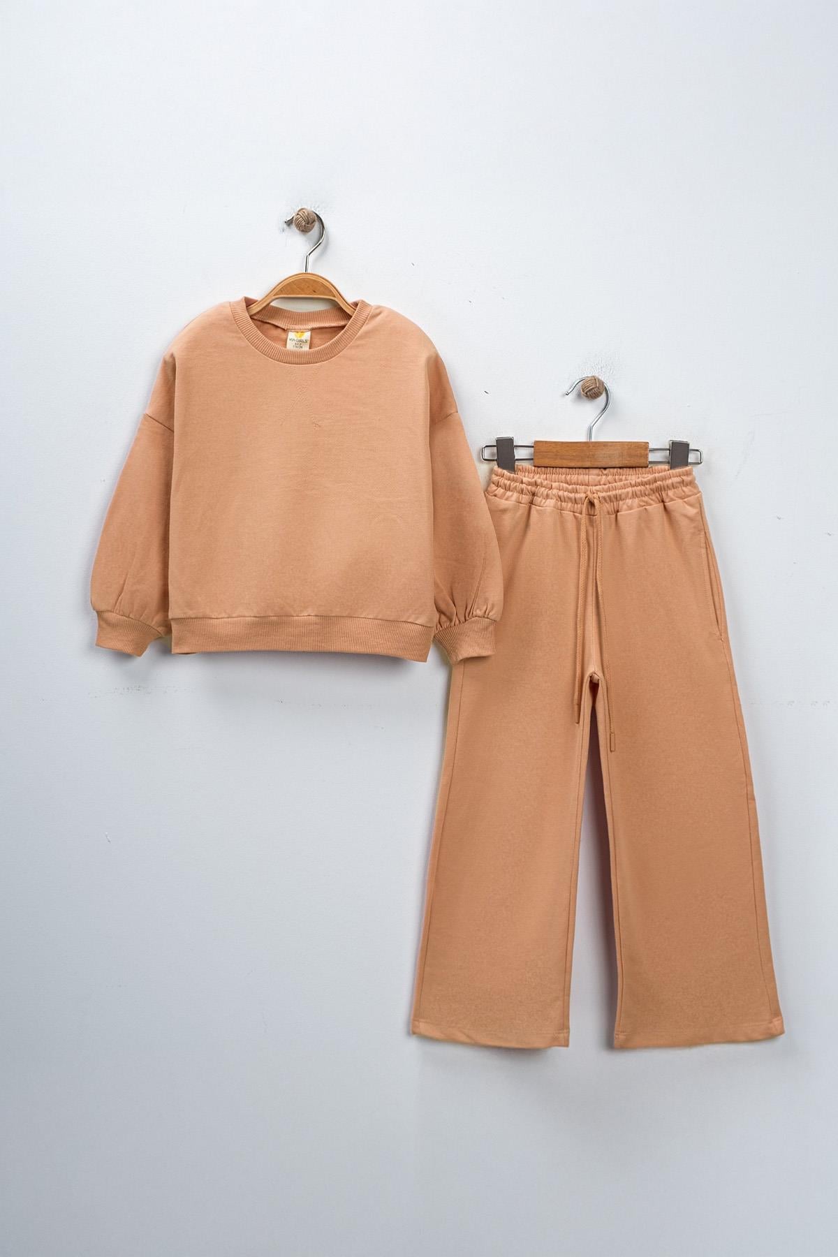 Kız Çocuk Basic Sweatshirt Takım 5-8 Yaş Pudra