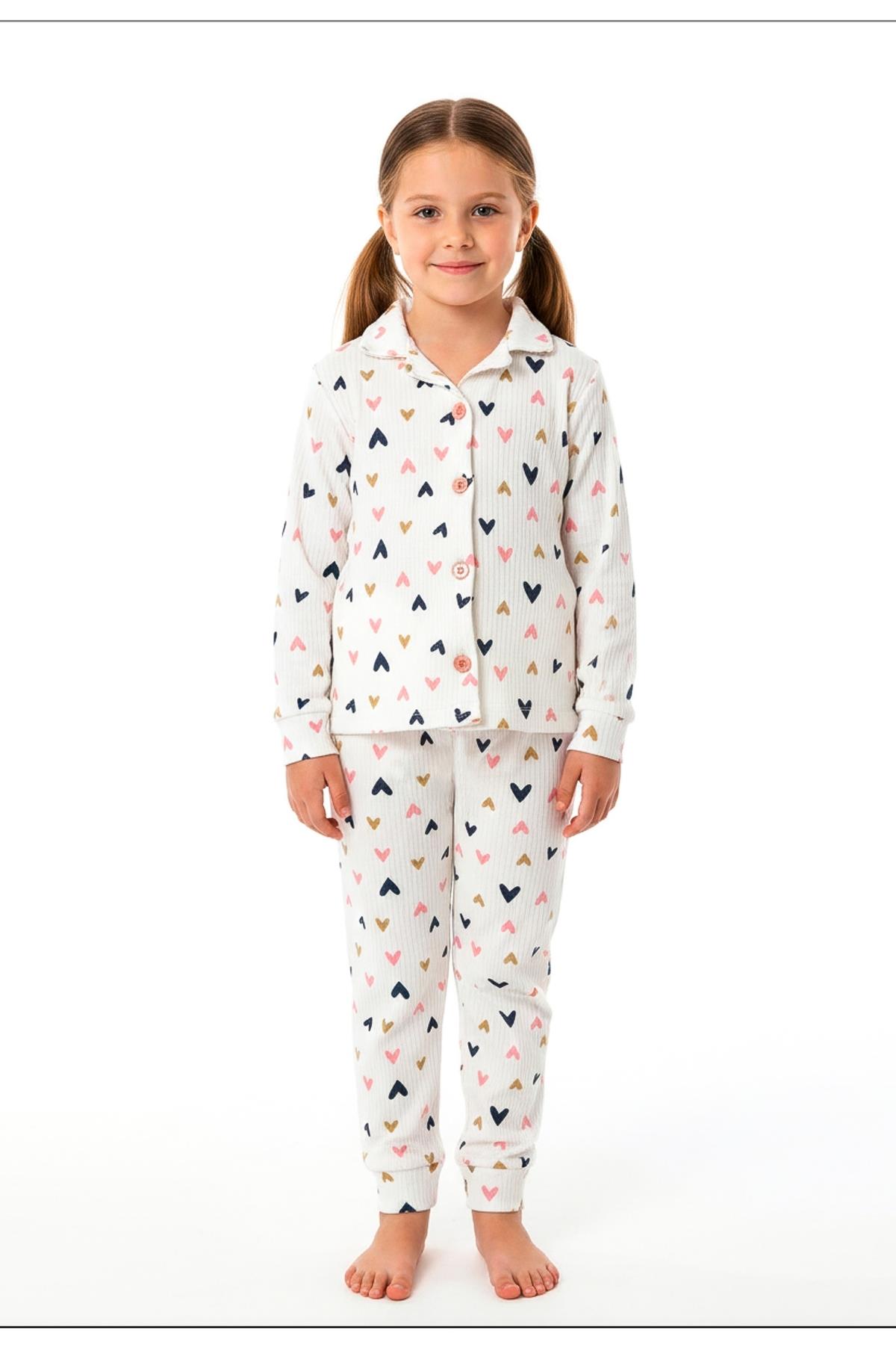 Kız Çocuk Pijama Takımı Renkli Kalp %100 Pamuk Kaşkorse