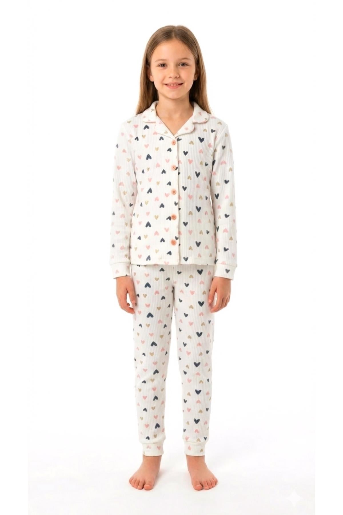 Kız Çocuk Pijama Takımı Renkli Kalp %100 Pamuk Kaşkorse