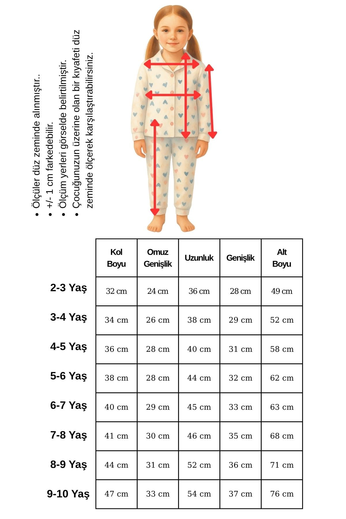 Kız Çocuk Pijama Takımı Renkli Kalp %100 Pamuk Kaşkorse