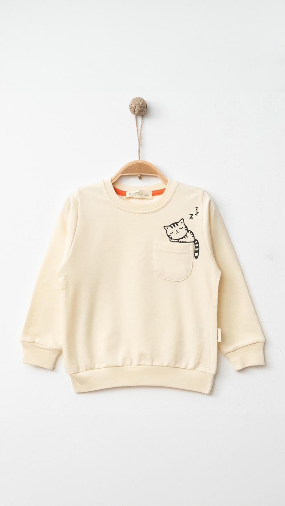 Çocuk Sweatshirt %100 Pamuklu Cep Detaylı Kedi Baskılı Bej 1-6 Yaş