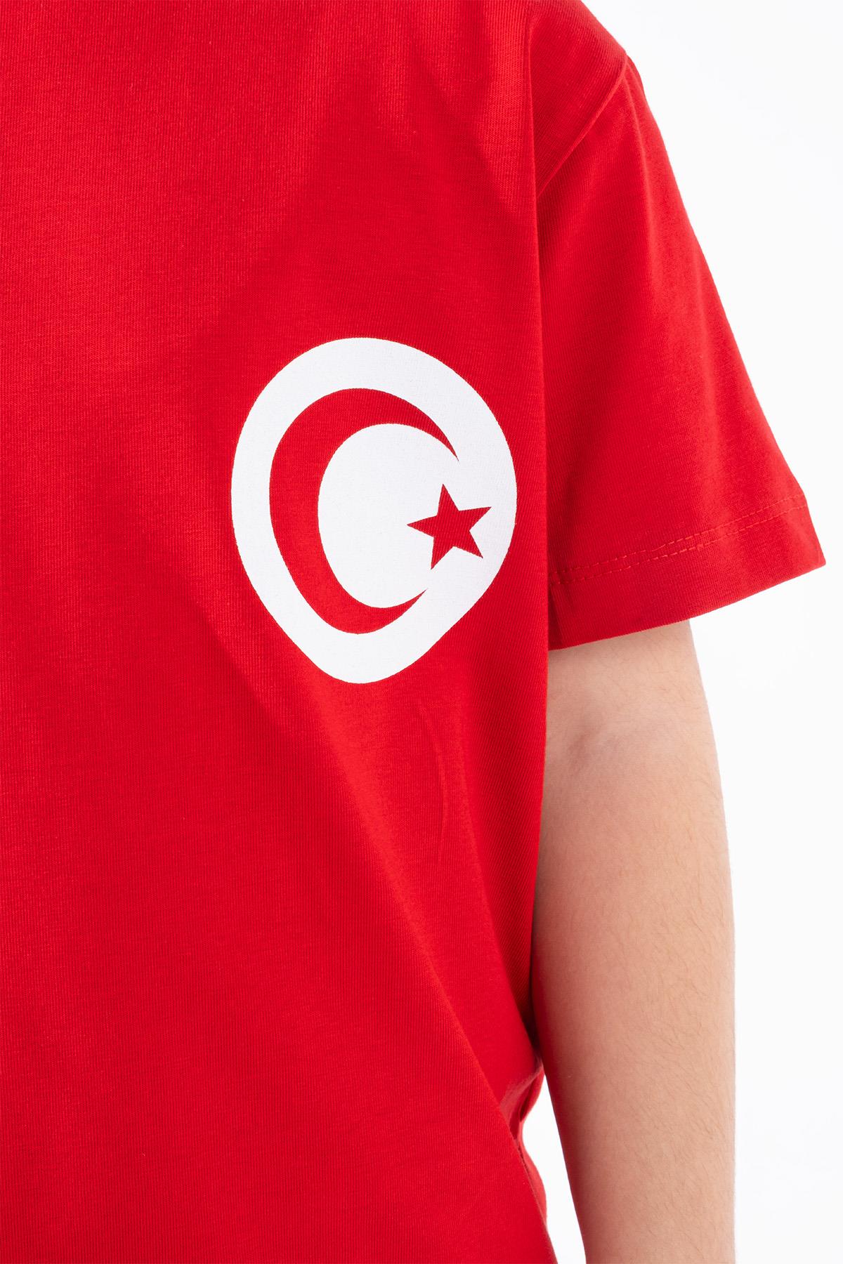 Kız Çocuk Türk Bayrak Göğüs Arma Baskılı Kırmızı Tshirt