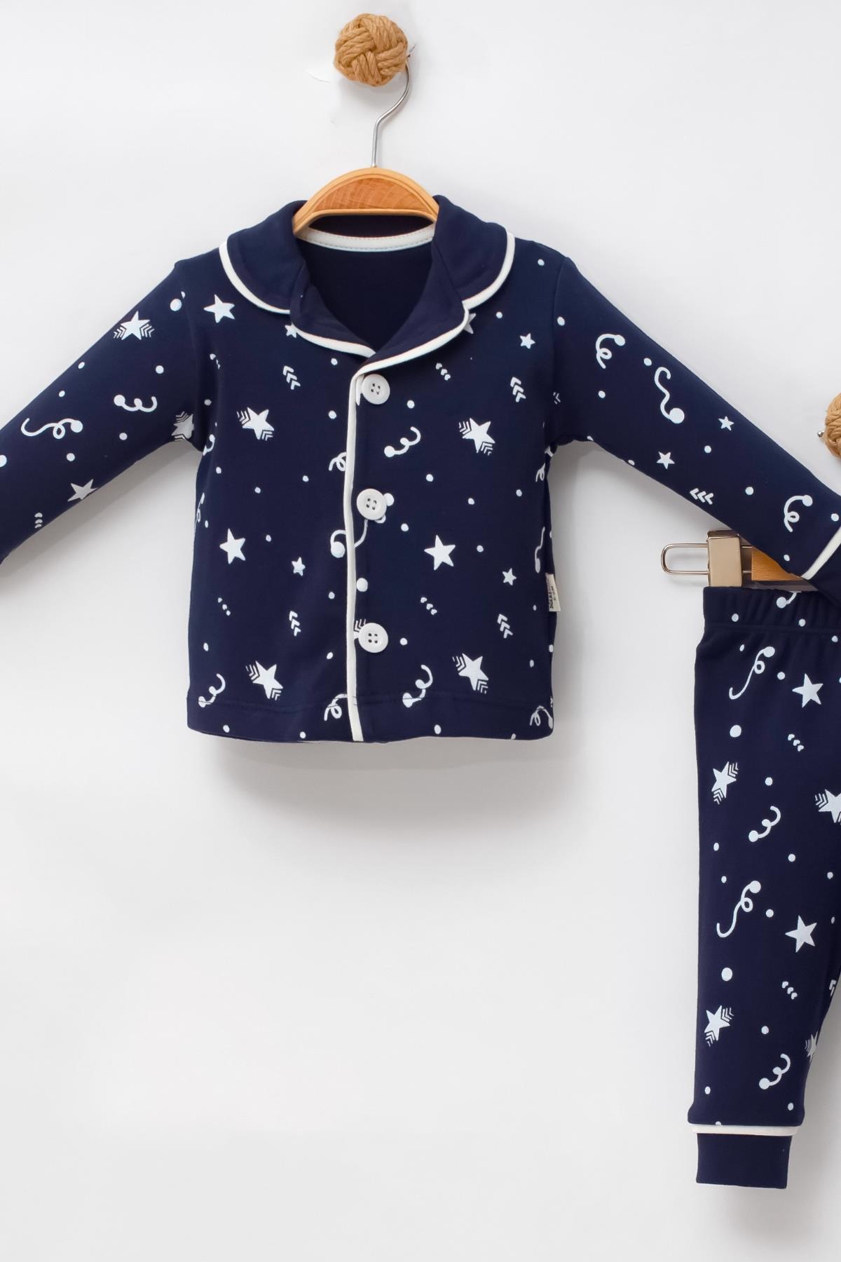 Kız - Erkek Çocuk Pijama Takımı Yıldız Desenli Lacivert %100 Pamuk 