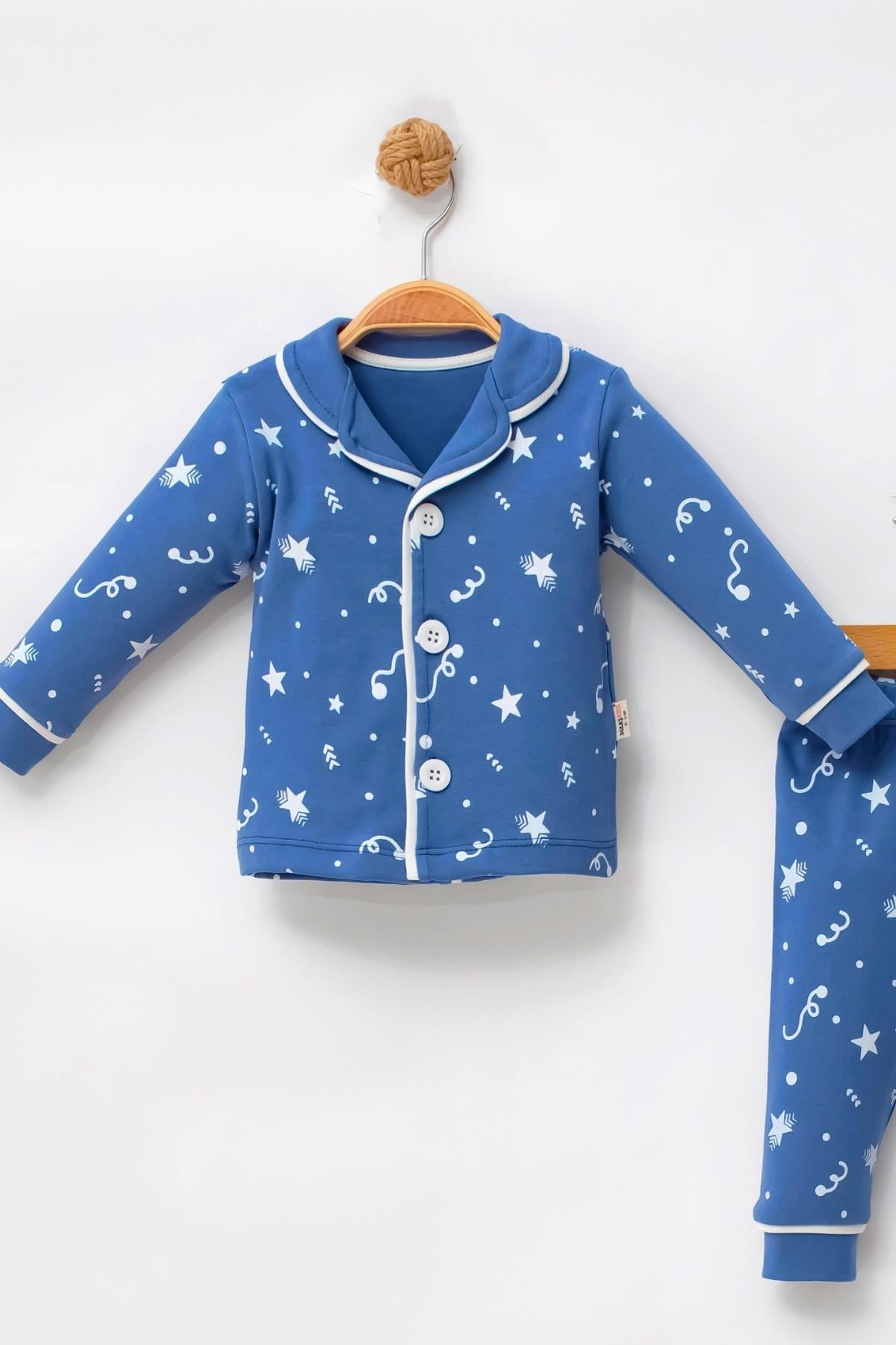 Kız - Erkek Çocuk Pijama Takımı Yıldız Desenli Mavi %100 Pamuk 