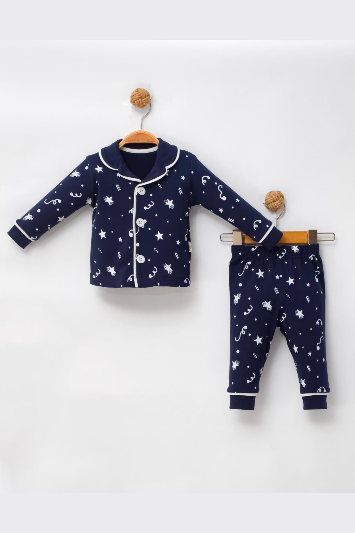 Kız - Erkek Çocuk Pijama Takımı Yıldız Desenli Lacivert %100 Pamuk 