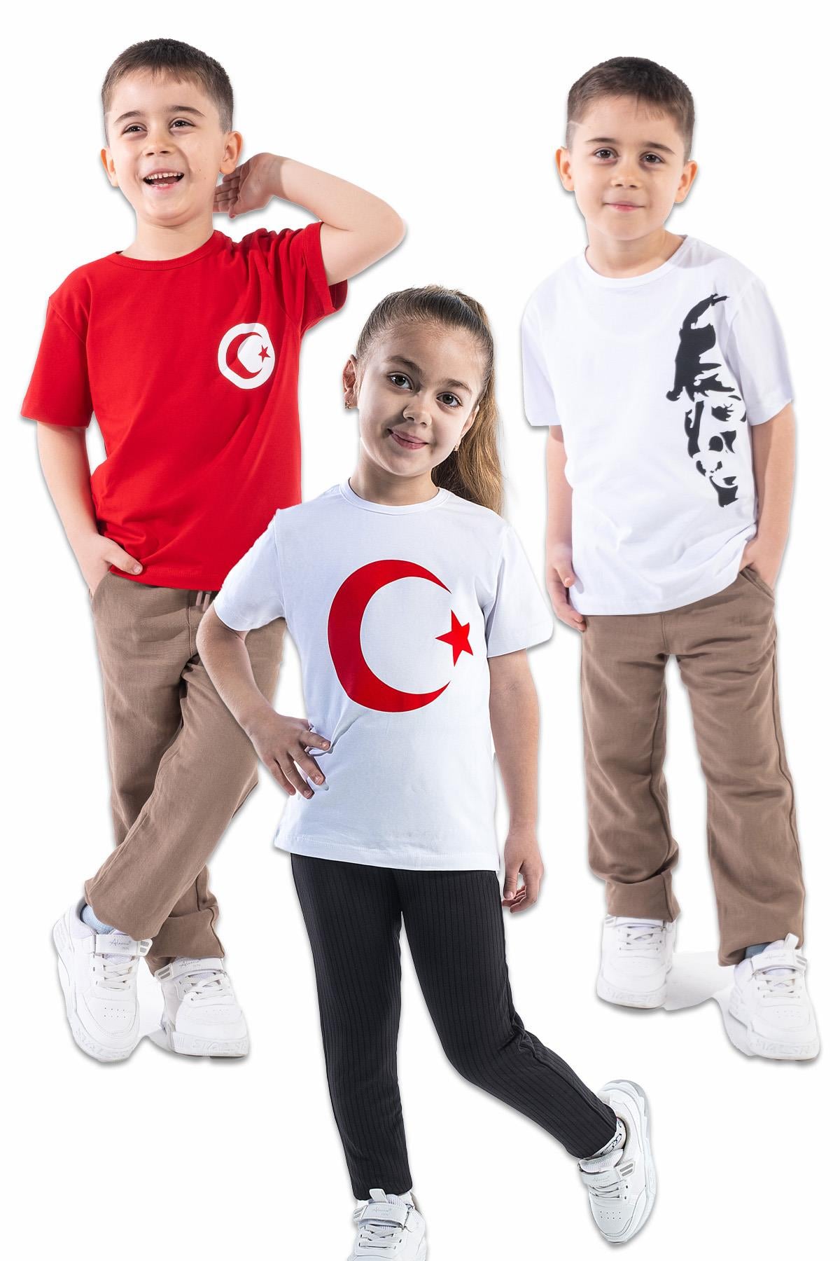 Türk Bayraklı Atatürk Baskılı T-shirt (3 Adet Fiyatı) 4-14 Yaş Kız-Erkek