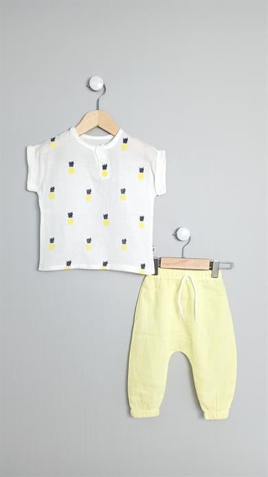 9-24 Ay Erkek Bebek Ananas Yazlık 2li Müslin Takım Sarı