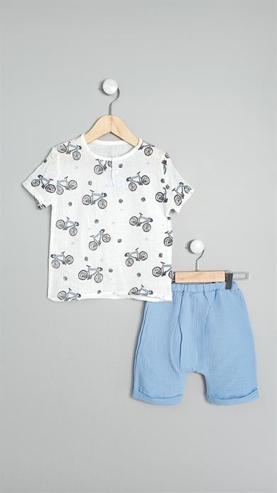1-4 Yaş Erkek Çocuk Bisikletli Yazlık 2li Müslin Takım Mavi