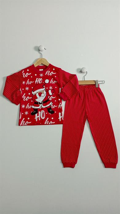 4-5-6 Yaş Yeni Yıl Ho Ho Baskılı Uzun Kollu 2li Çocuk Pijama Takımı