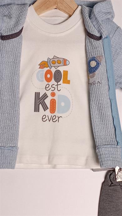 6-18 Ay Yaka Nakışlı Erkek Bebek 3lü Takım
