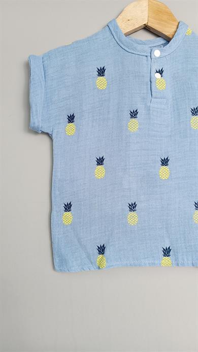 9-24 Ay Erkek Çocuk Ananas Yazlık 2li Müslin Takım Beyaz