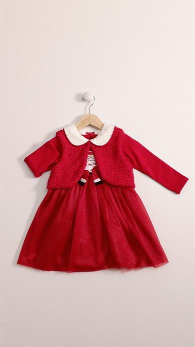 9-24 Ay Kız Bebek Elbise Peluş Yelekli Noel Tasarım
