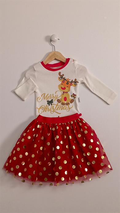 9-24 Ay Kız Bebek Etekli Body Yılbaşı Tasarım Beyaz
