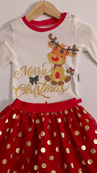 9-24 Ay Kız Bebek Etekli Body Yılbaşı Tasarım Beyaz