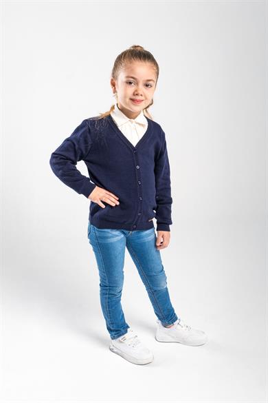 Çocuk Lacivert Hırka 5-8 Yaş V Yaka Basic