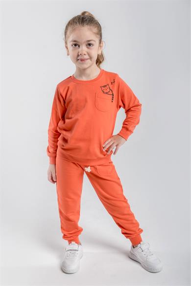 Çocuk Sweat Eşofman Takım Kedi Baskılı Turuncu 1-6 Yaş