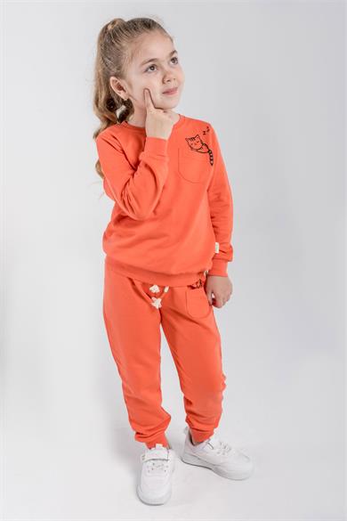 Çocuk Sweat Eşofman Takım Kedi Baskılı Turuncu 1-6 Yaş