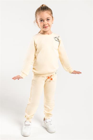 Çocuk Sweat Eşofman Takım Kedi Baskılı Bej 1-6 Yaş