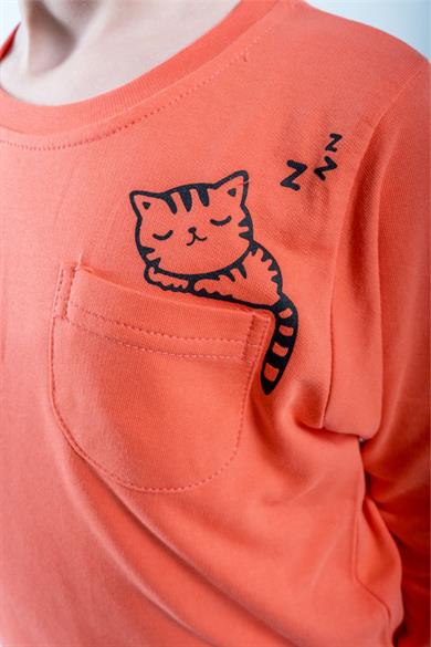 Çocuk Sweat Eşofman Takım Kedi Baskılı Turuncu 1-6 Yaş