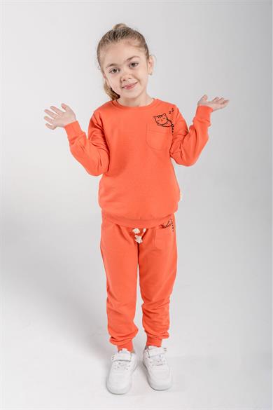 Çocuk Sweat Eşofman Takım Kedi Baskılı Turuncu 1-6 Yaş