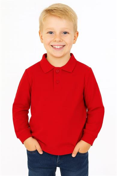 Çocuk Unisex Uzun Kollu Polo Yaka Tshirt Kırmızı Okul 10-13 Yaş