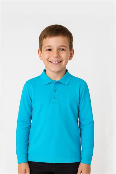 Çocuk Unisex Uzun Kollu Polo Yaka Tshirt Turkuaz Okul 10-13 Yaş