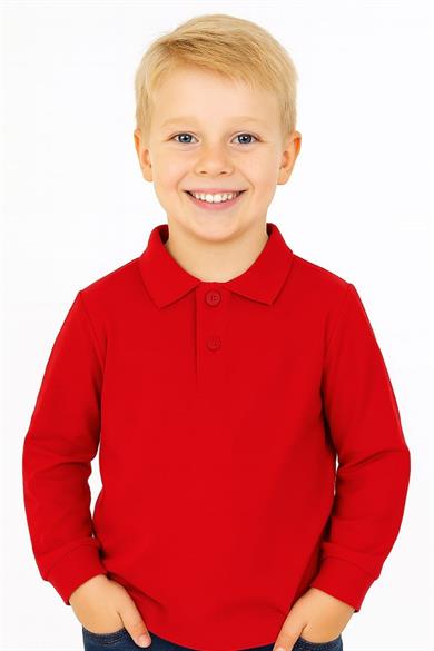 Çocuk Unisex Uzun Kollu Polo Yaka Tshirt Kırmızı Okul 10-13 Yaş