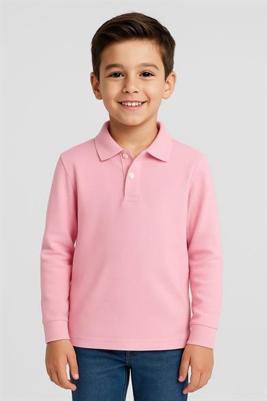 Çocuk Unisex Uzun Kollu Polo Yaka Tshirt Pembe Okul 10-13 Yaş