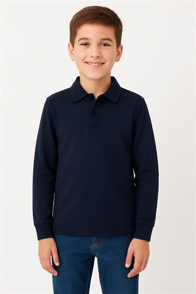 Çocuk Unisex Uzun Kollu Polo Yaka Tshirt Lacivert Okul 10-13 Yaş